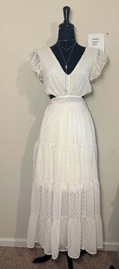 Altar’d State White Swiss Dot Maxi Dress S Lace Up Back Cottagecore Boho